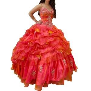 NEW HOUSE OF WU quinceañera v-neck dress in cherry/gold